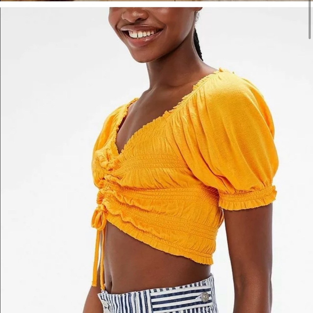 Urban Outfitters Shay golden smocked cinched tie puff sleeve crop top